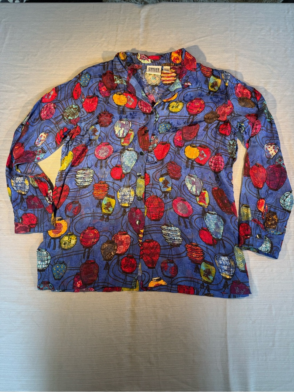 Chico's Multicolor Lantern-Print Button Front Blouse in Blue